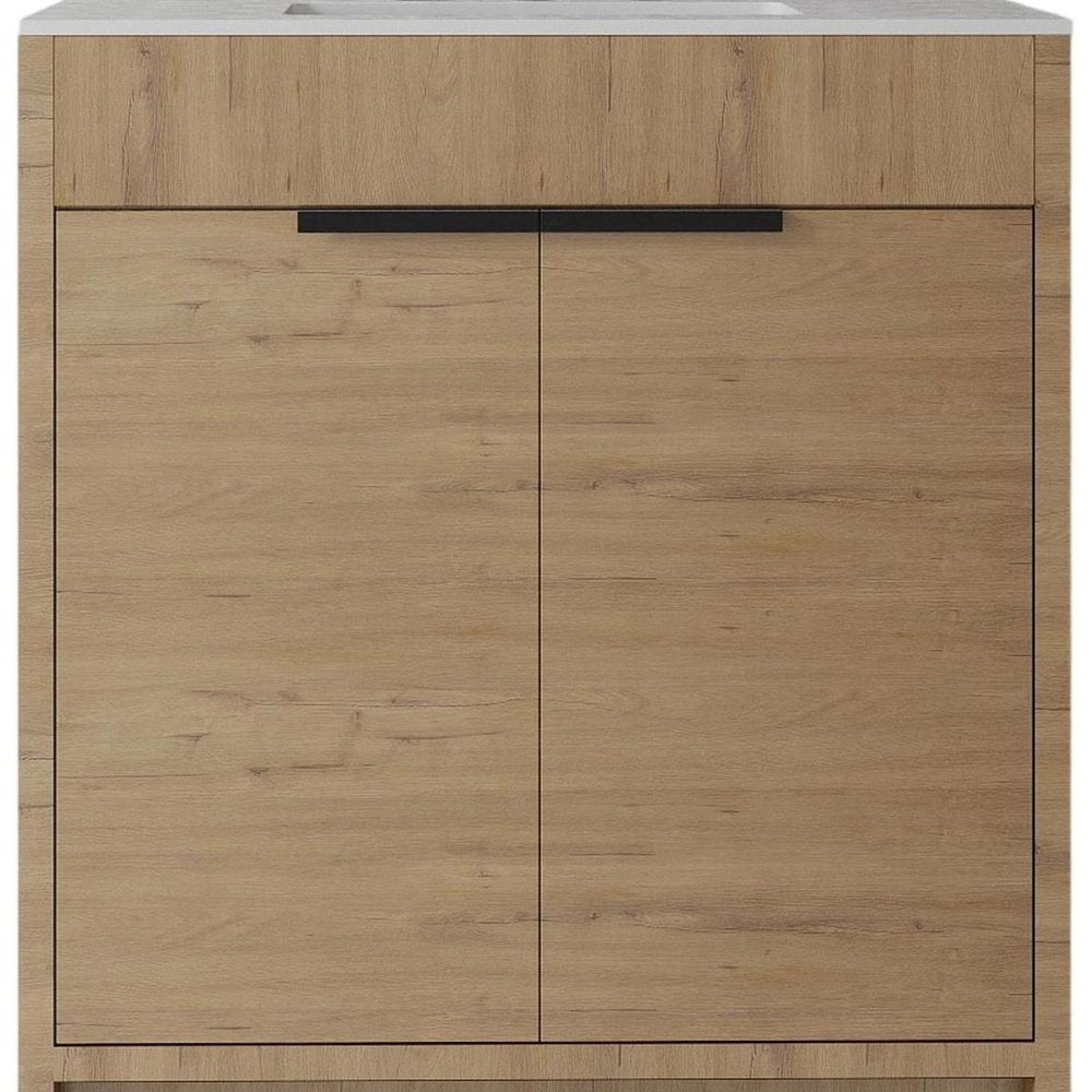 30" Brown Wood Double Door Bathroom Vanity With White Ceramic Sink HomeRoots