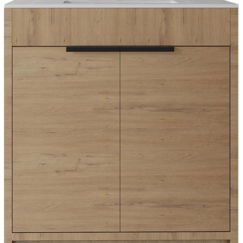 30" Brown Wood Double Door Bathroom Vanity With White Ceramic Sink — view 4