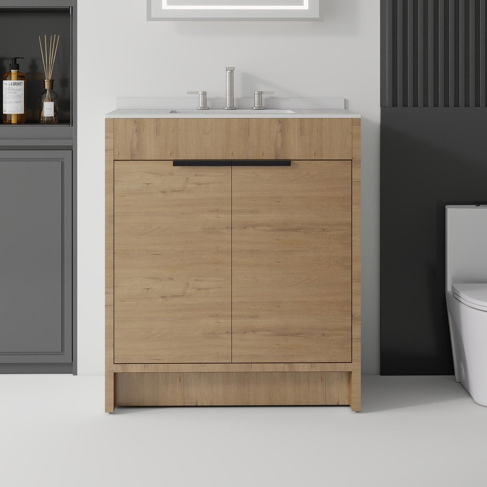 30" Brown Wood Double Door Bathroom Vanity With White Ceramic Sink