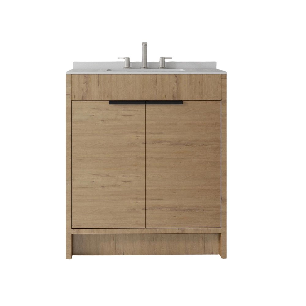30" Brown Wood Double Door Bathroom Vanity With White Ceramic Sink