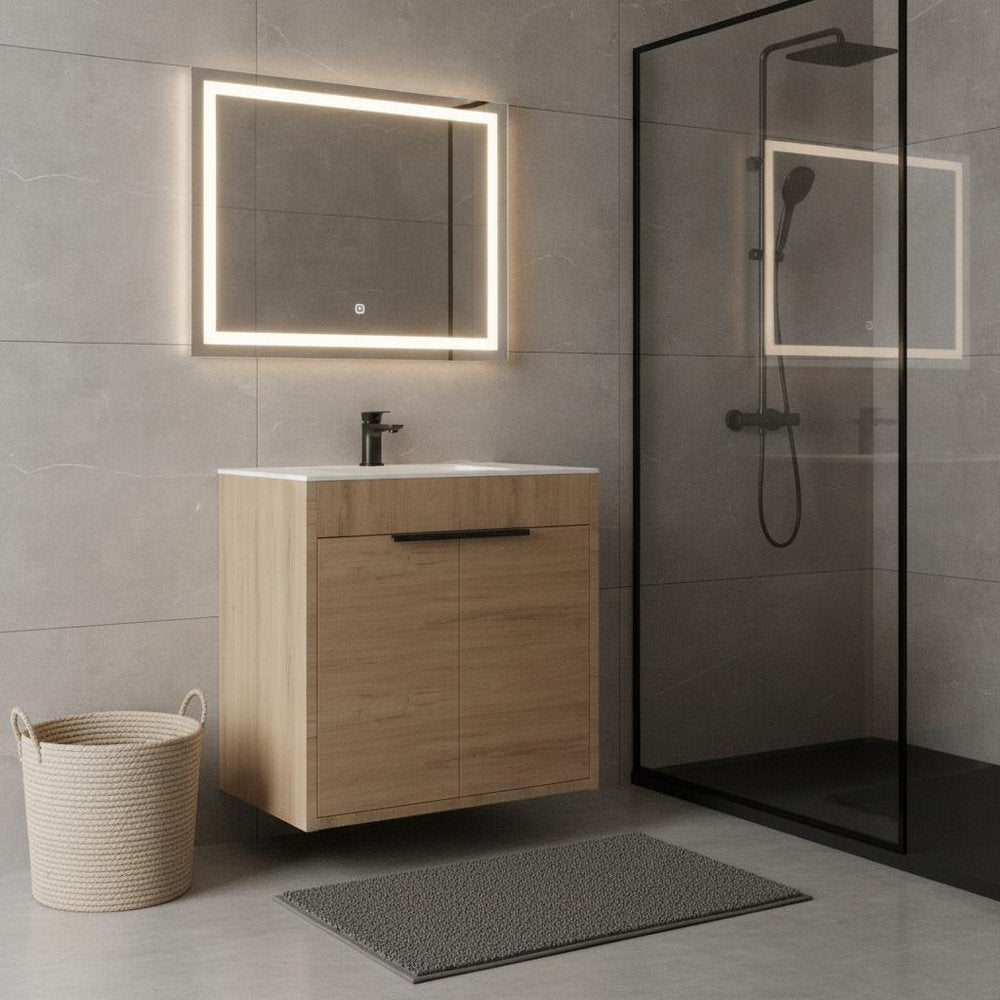 30" Brown Wood Double Door Bathroom Vanity With White Ceramic Sink — view 5