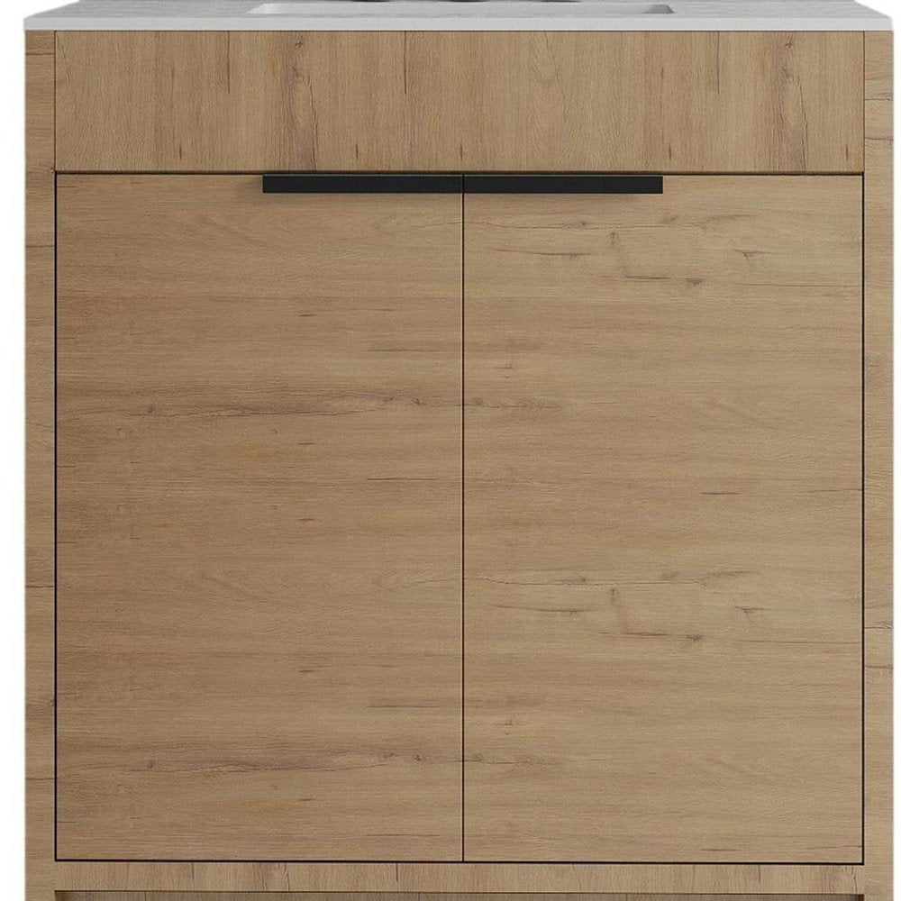 30" Brown Wood Double Door Bathroom Vanity With White Ceramic Sink — view 7