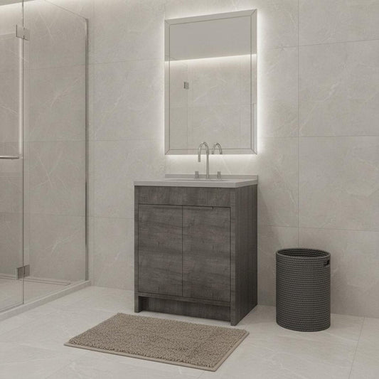 30" Gray Wood Double Door Bathroom Vanity With White Ceramic Sink