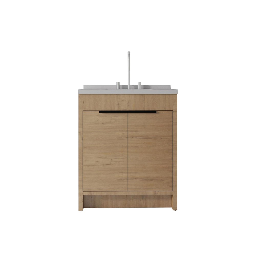 30" Brown Wood Double Door Bathroom Vanity With White Ceramic Sink HomeRoots