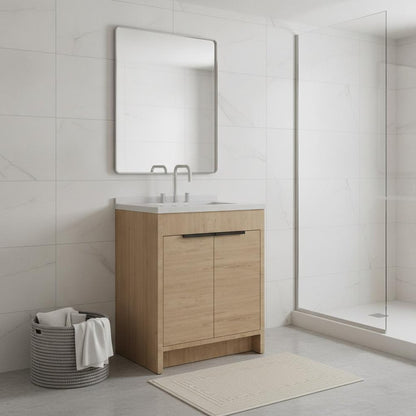 30" Brown Wood Double Door Bathroom Vanity With White Ceramic Sink HomeRoots