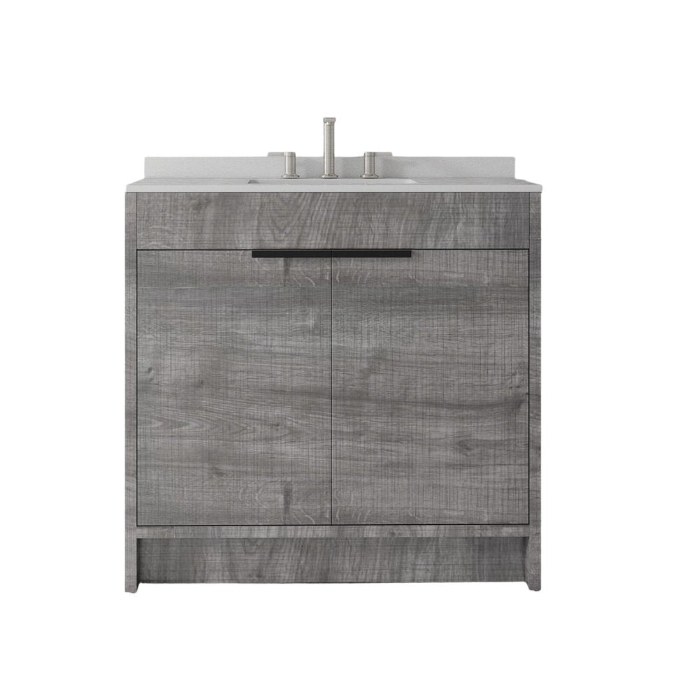 36" Gray Wood Double Door Bathroom Vanity With White Ceramic Sink HomeRoots