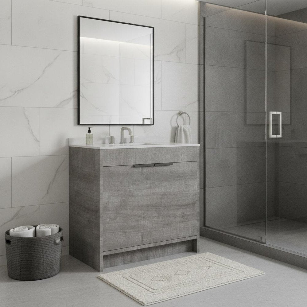 36" Gray Wood Double Door Bathroom Vanity With White Ceramic Sink — view 2