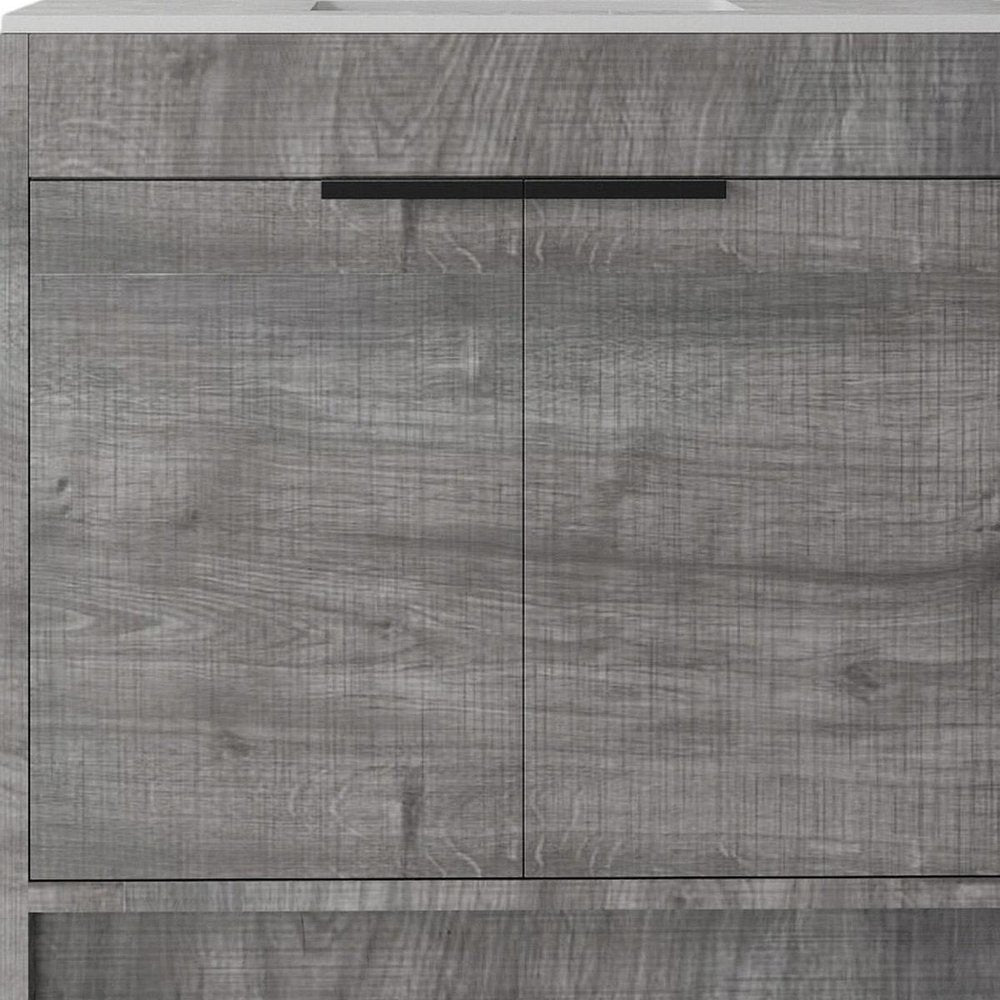 36" Gray Wood Double Door Bathroom Vanity With White Ceramic Sink — view 3