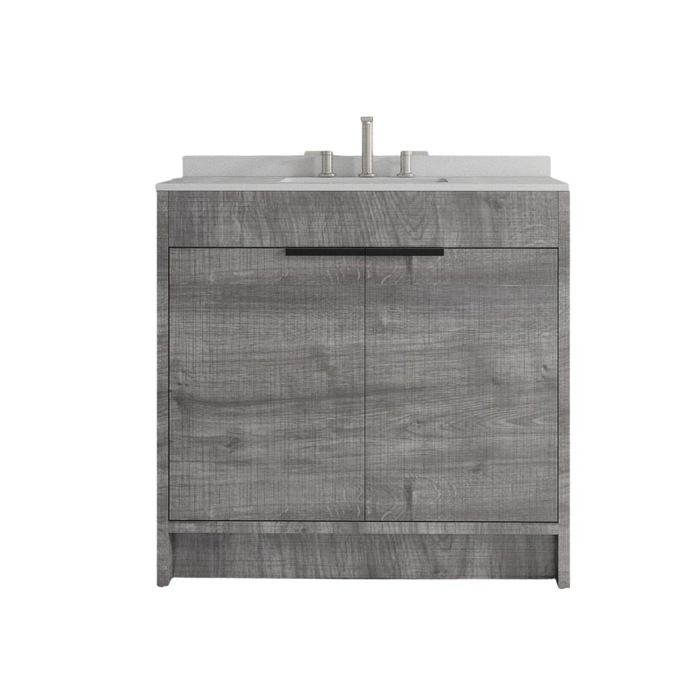 36" Gray Wood Double Door Bathroom Vanity With White Ceramic Sink — view 7