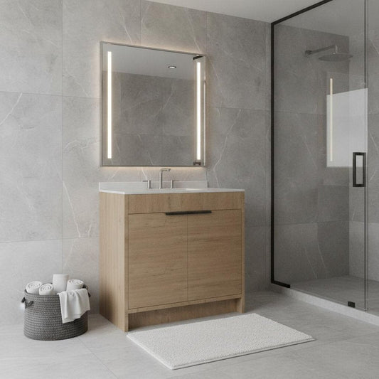 36" Brown Wood Double Door Bathroom Vanity With White Ceramic Sink