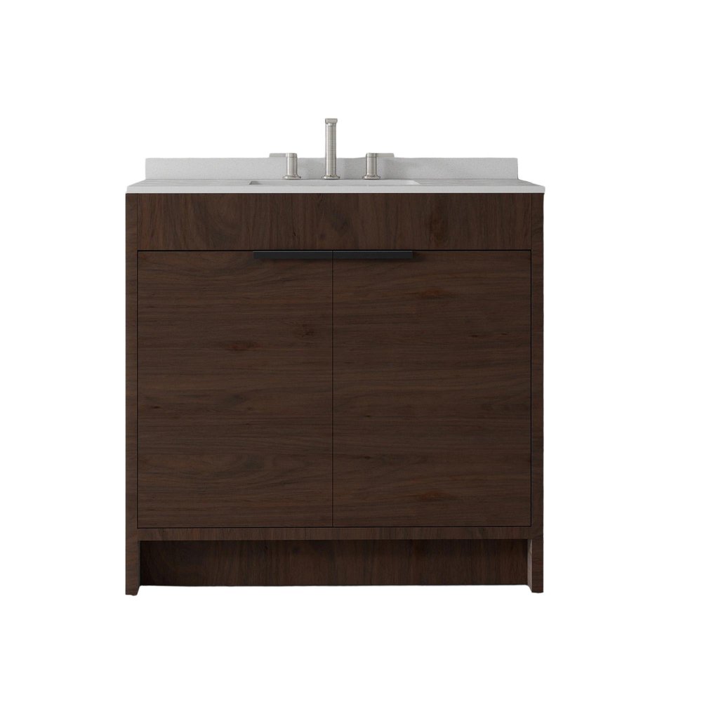 36" Brown Wood Double Door Bathroom Vanity With White Ceramic Sink HomeRoots