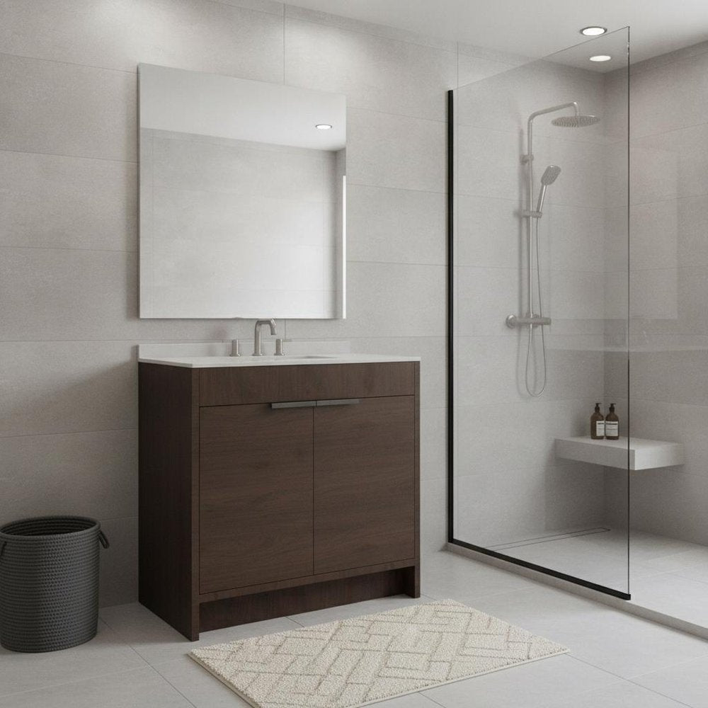 36" Brown Wood Double Door Bathroom Vanity With White Ceramic Sink HomeRoots