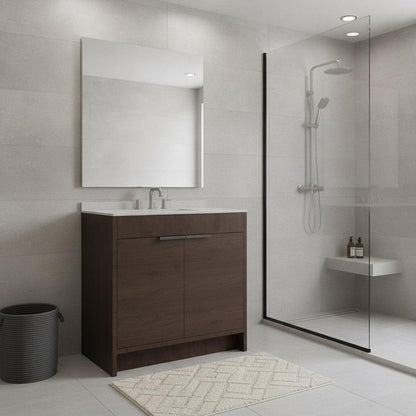 36" Brown Wood Double Door Bathroom Vanity With White Ceramic Sink HomeRoots