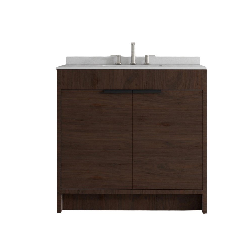 36" Brown Wood Double Door Bathroom Vanity With White Ceramic Sink HomeRoots