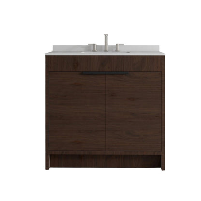 36" Brown Wood Double Door Bathroom Vanity With White Ceramic Sink HomeRoots
