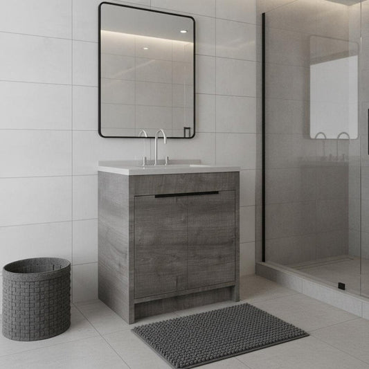 36" Gray Wood Double Door Bathroom Vanity With White Ceramic Sink