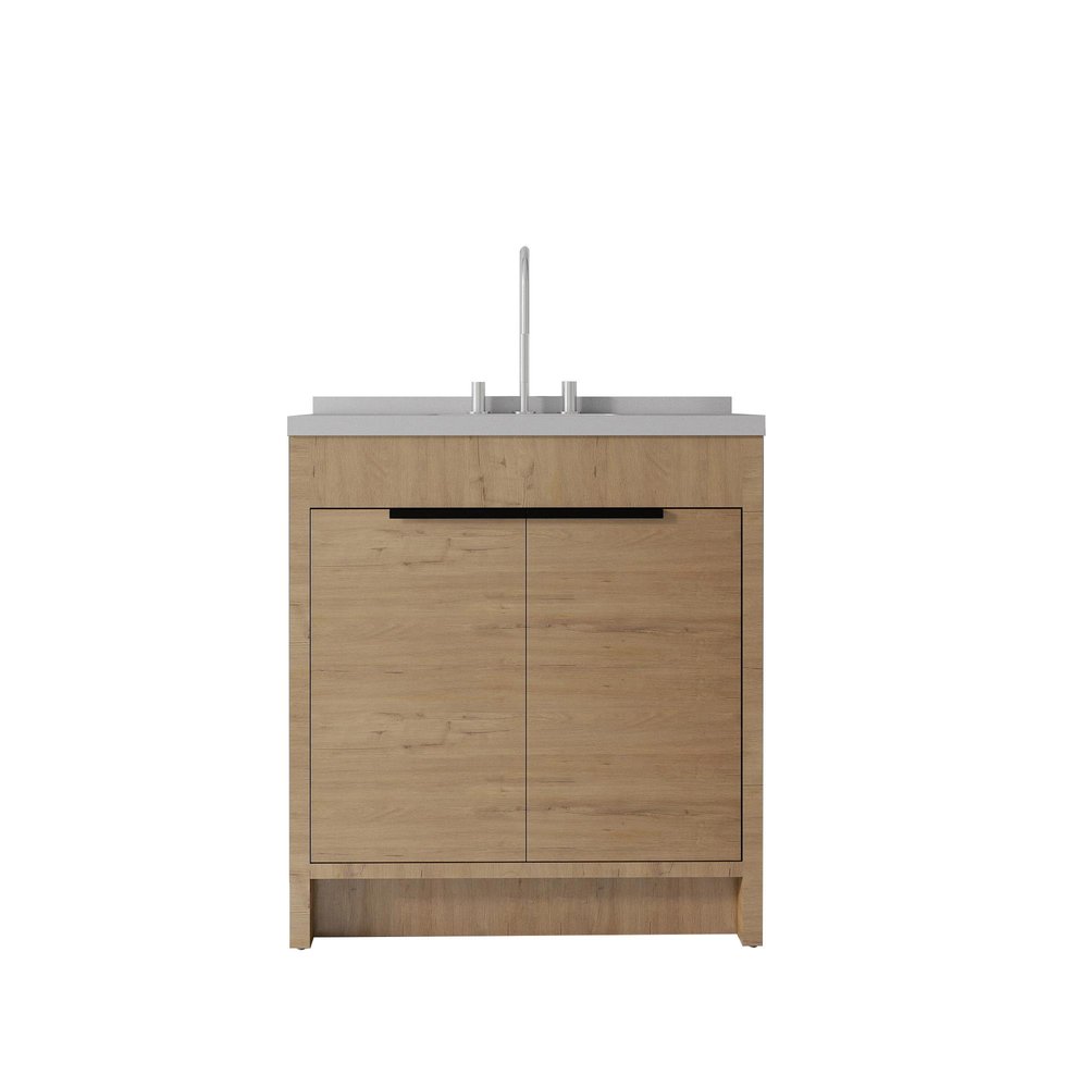 36" Brown Wood Double Door Bathroom Vanity With White Ceramic Sink
