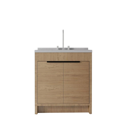 36" Brown Wood Double Door Bathroom Vanity With White Ceramic Sink
