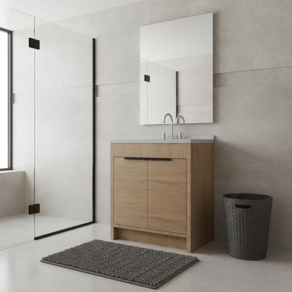 36" Brown Wood Double Door Bathroom Vanity With White Ceramic Sink — view 4