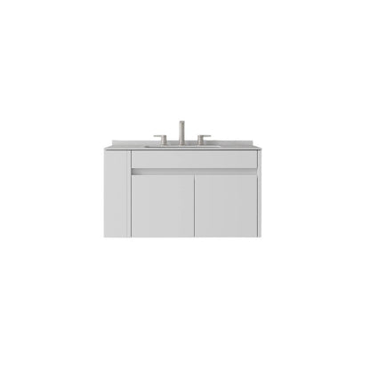 30" White Wood Floating Double Door Bathroom Vanity With Ceramic Sink HomeRoots