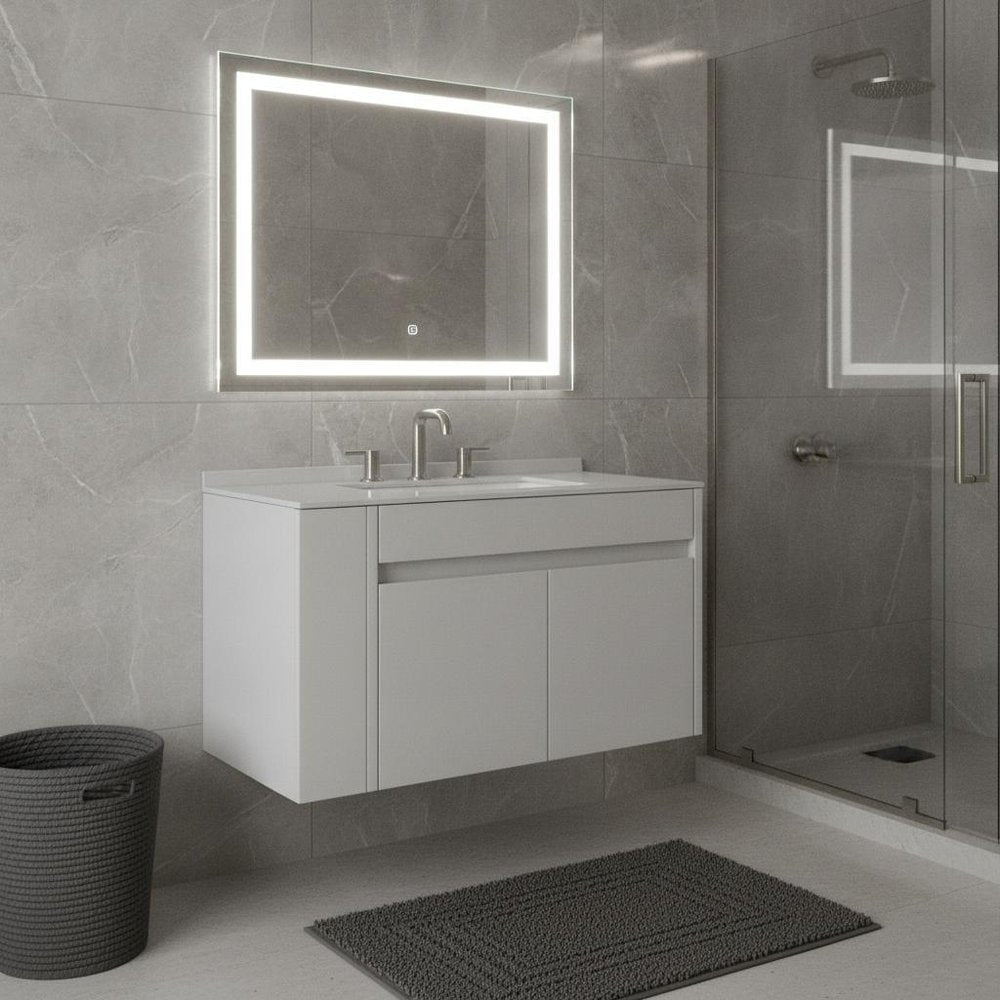 30" White Wood Floating Double Door Bathroom Vanity With Ceramic Sink HomeRoots
