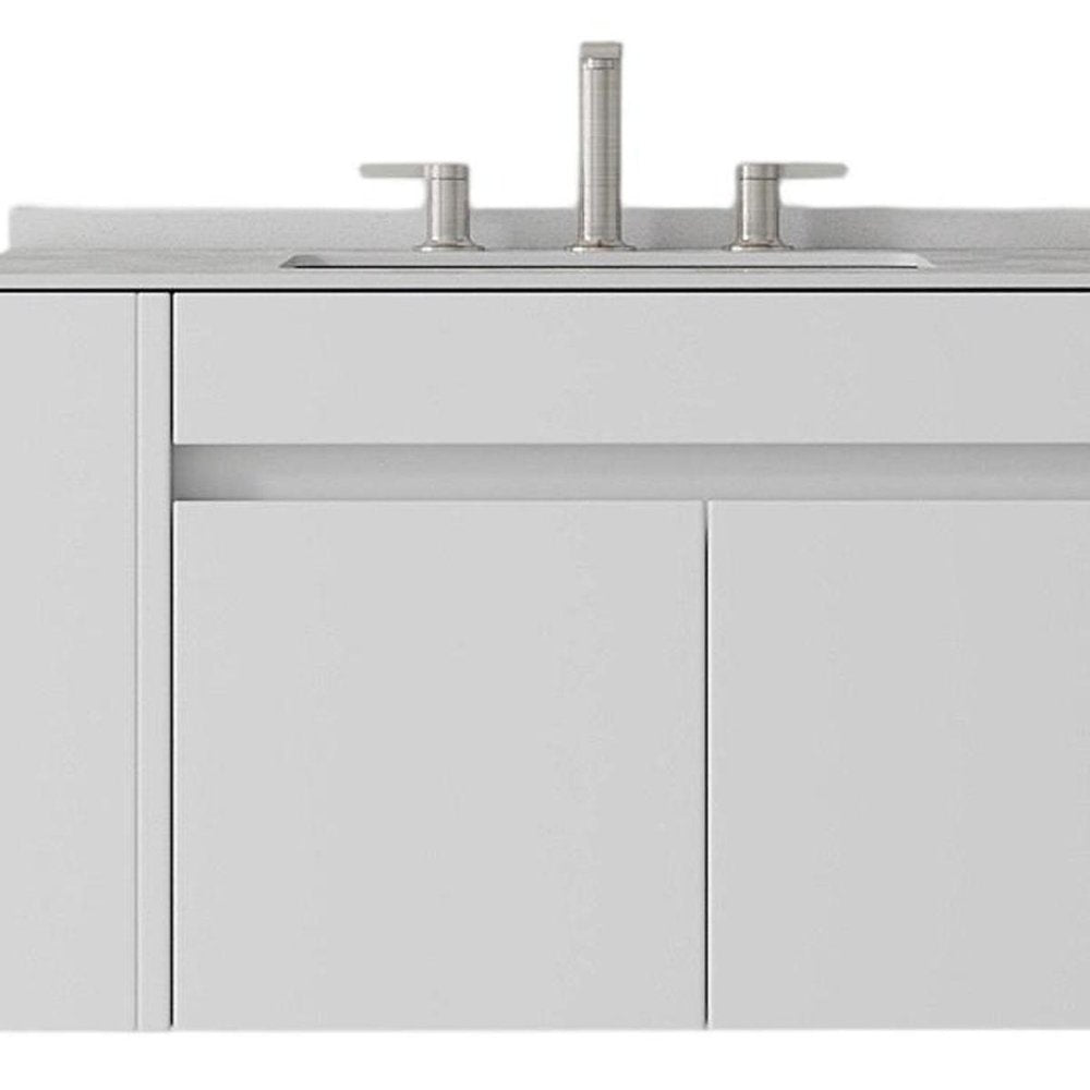 30" White Wood Floating Double Door Bathroom Vanity With Ceramic Sink — view 4