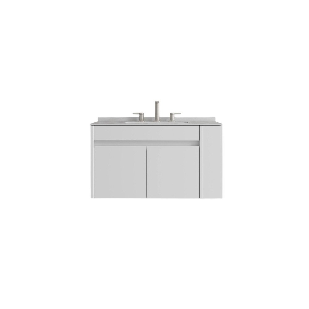 30" White Wood Floating Double Door Bathroom Vanity With Ceramic Sink HomeRoots