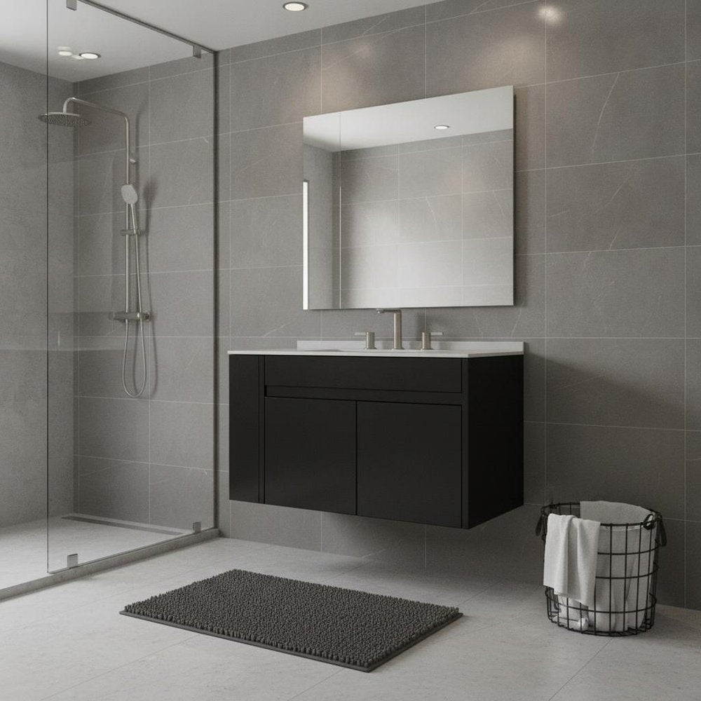 30" Black Wood Floating Double Door Bathroom Vanity With White Ceramic Sink — view 1