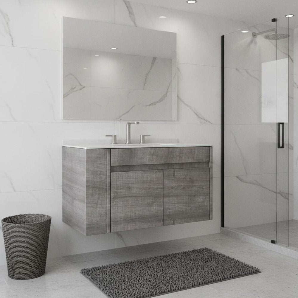 30" Gray Wood Floating Double Door Bathroom Vanity With White Ceramic Sink — view 1