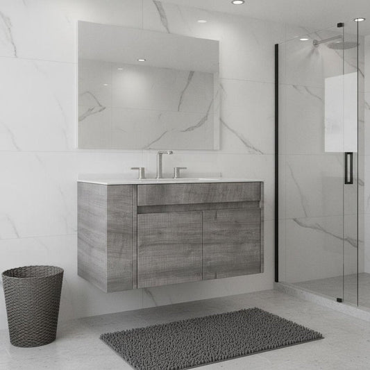 30" Gray Wood Floating Double Door Bathroom Vanity With White Ceramic Sink