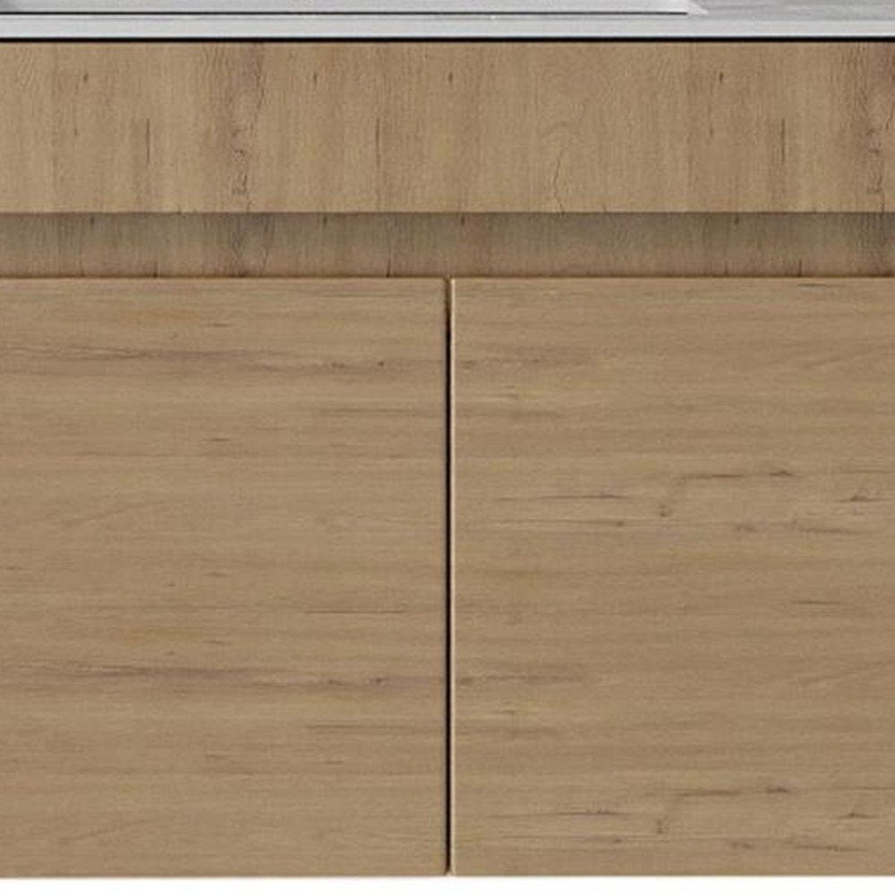 30" Brown Wood Floating Double Door Bathroom Vanity With White Ceramic Sink — view 2