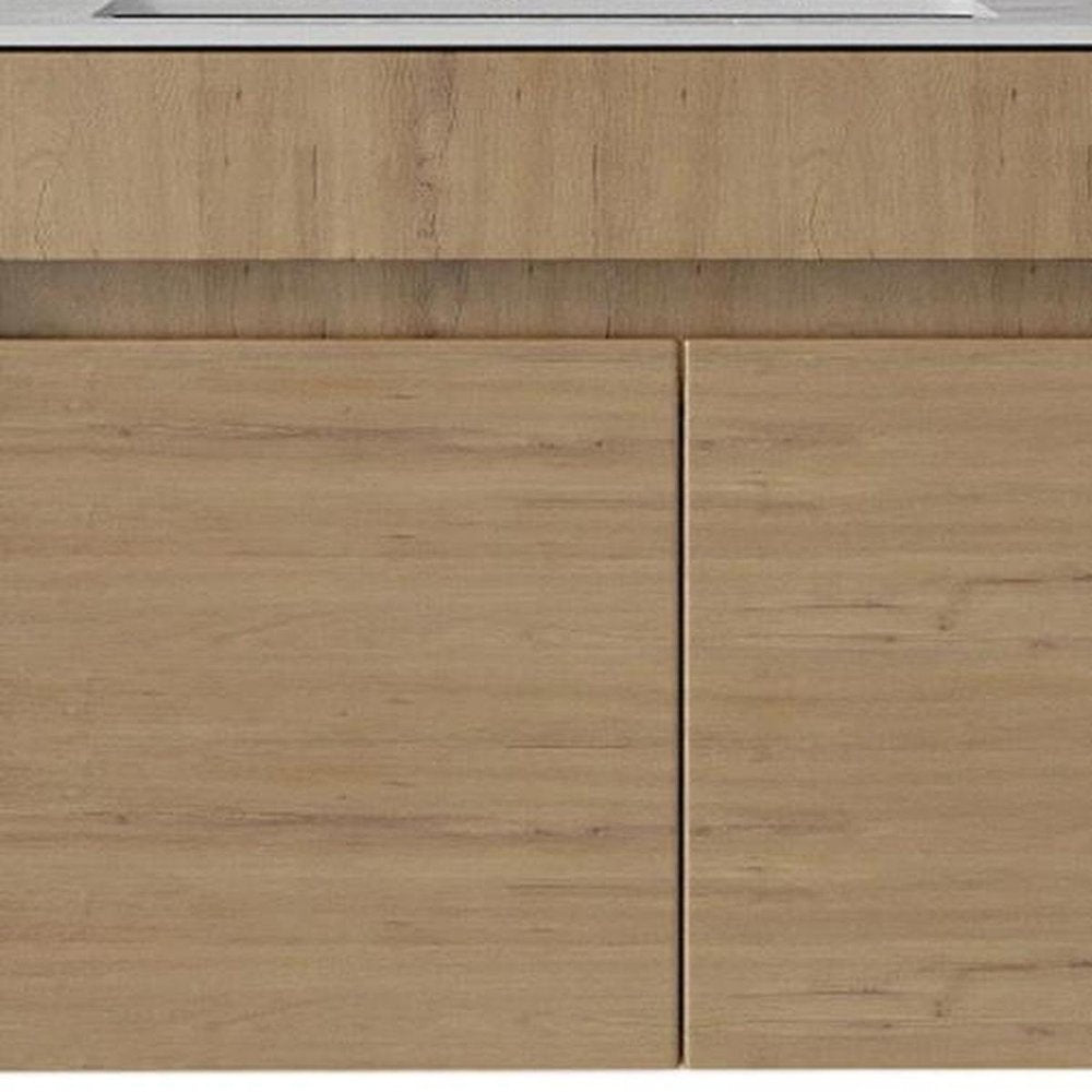 30" Brown Wood Floating Double Door Bathroom Vanity With White Ceramic Sink HomeRoots