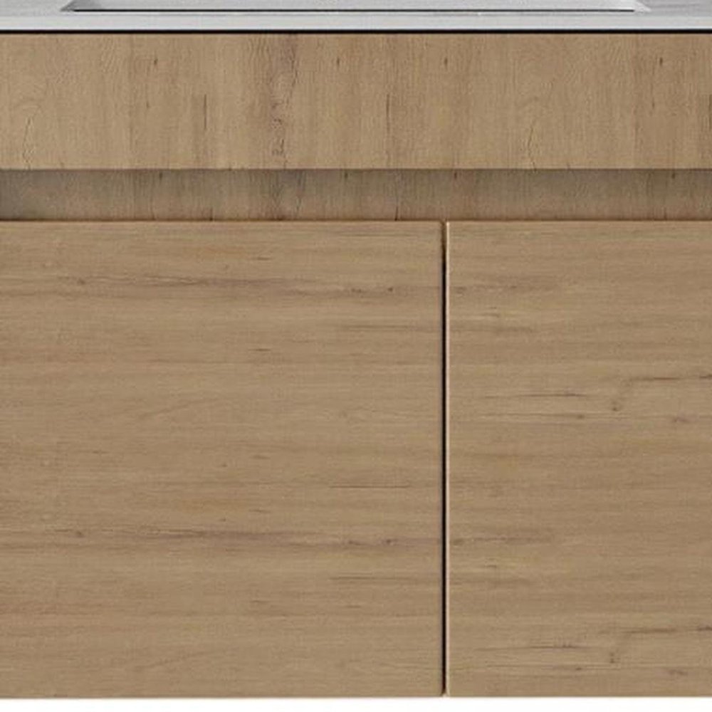 30" Brown Wood Floating Double Door Bathroom Vanity With White Ceramic Sink — view 3