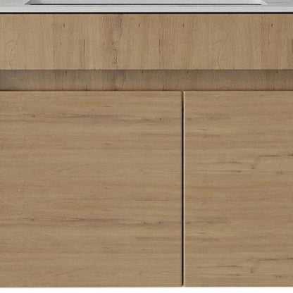 30" Brown Wood Floating Double Door Bathroom Vanity With White Ceramic Sink