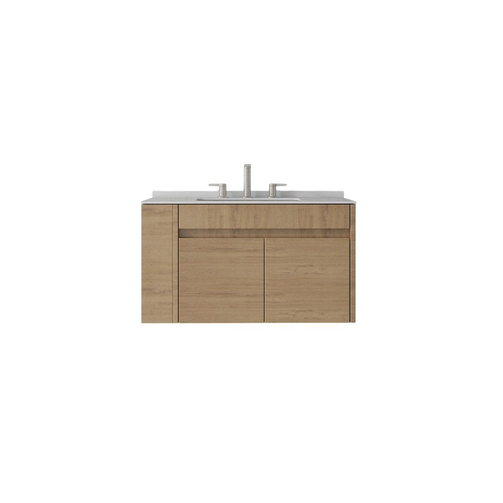 30" Brown Wood Floating Double Door Bathroom Vanity With White Ceramic Sink HomeRoots