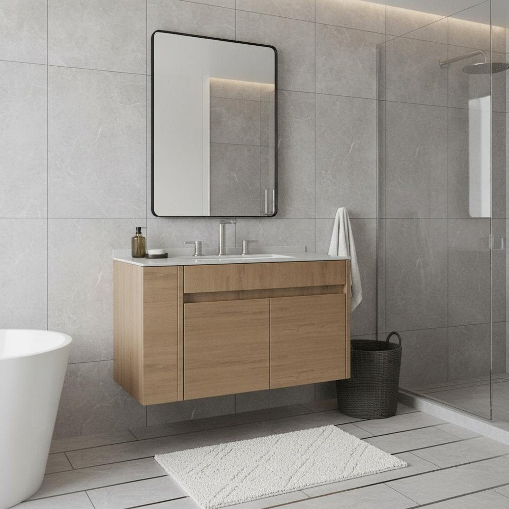 30" Brown Wood Floating Double Door Bathroom Vanity With White Ceramic Sink HomeRoots