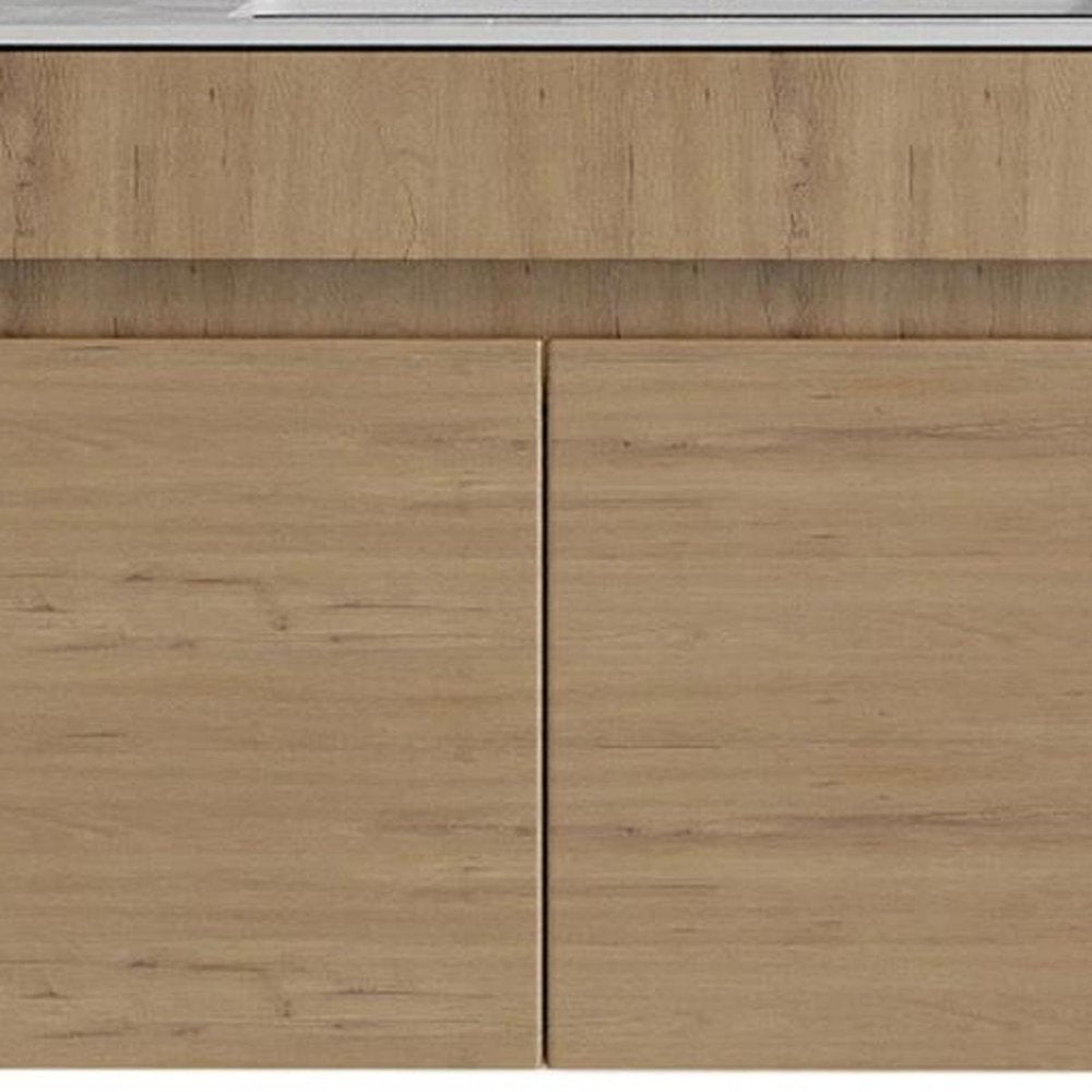 30" Brown Wood Floating Double Door Bathroom Vanity With White Ceramic Sink — view 5