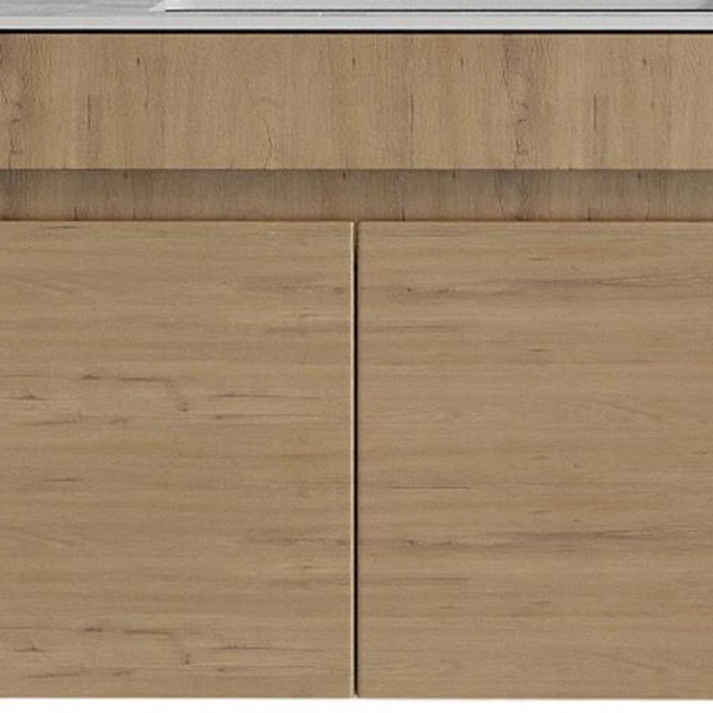 30" Brown Wood Floating Double Door Bathroom Vanity With White Ceramic Sink — view 4