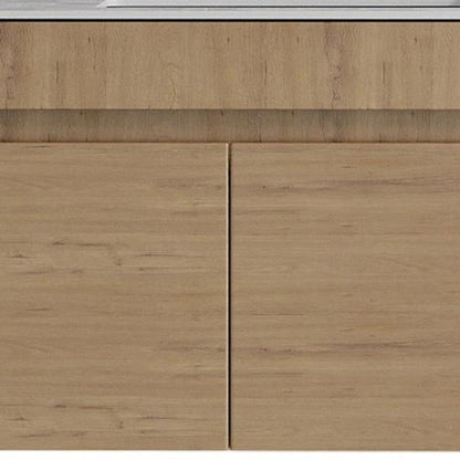 30" Brown Wood Floating Double Door Bathroom Vanity With White Ceramic Sink
