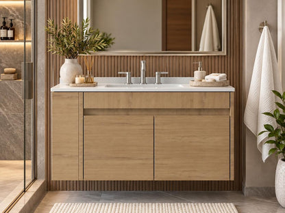 30" Brown Wood Floating Double Door Bathroom Vanity With White Ceramic Sink