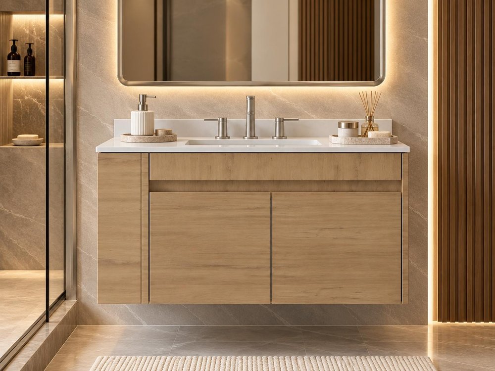 30" Brown Wood Floating Double Door Bathroom Vanity With White Ceramic Sink