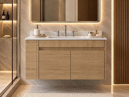 30" Brown Wood Floating Double Door Bathroom Vanity With White Ceramic Sink