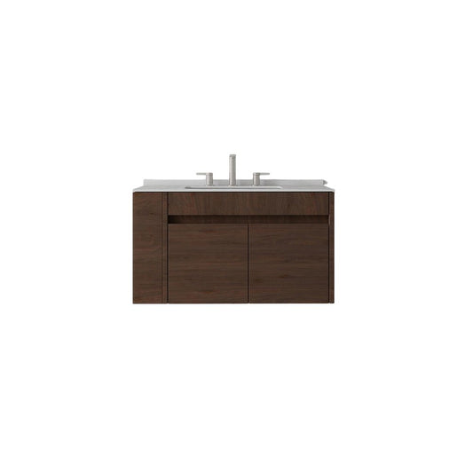 30" Brown Wood Floating Double Door Bathroom Vanity With White Ceramic Sink