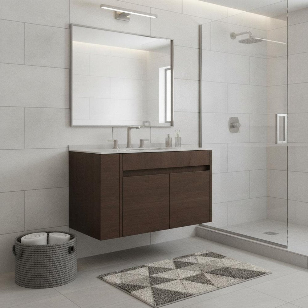 30" Brown Wood Floating Double Door Bathroom Vanity With White Ceramic Sink HomeRoots
