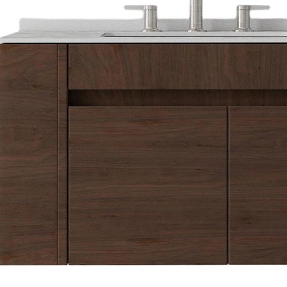 30" Brown Wood Floating Double Door Bathroom Vanity With White Ceramic Sink HomeRoots