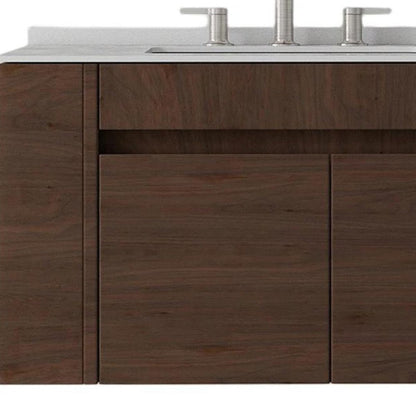 30" Brown Wood Floating Double Door Bathroom Vanity With White Ceramic Sink HomeRoots