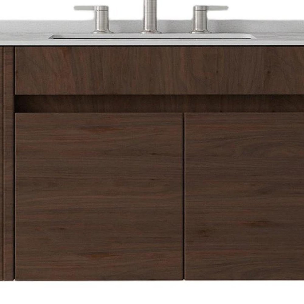 30" Brown Wood Floating Double Door Bathroom Vanity With White Ceramic Sink HomeRoots