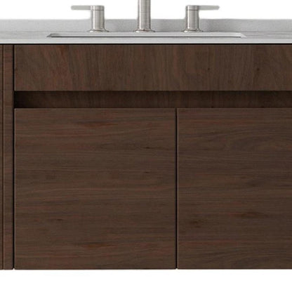 30" Brown Wood Floating Double Door Bathroom Vanity With White Ceramic Sink HomeRoots