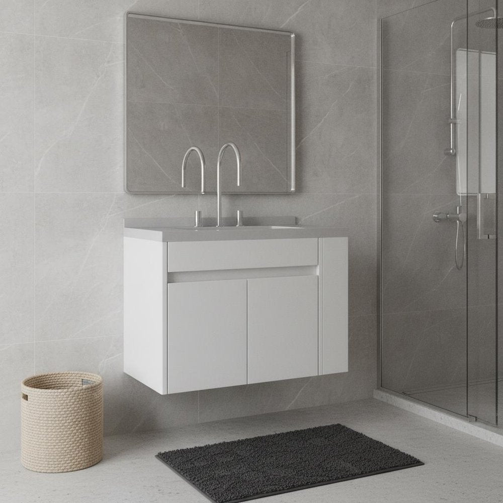 30" White Wood Floating Double Door Bathroom Vanity With Ceramic Sink HomeRoots
