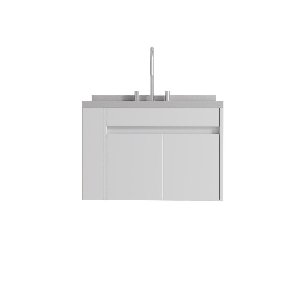 30" White Wood Floating Double Door Bathroom Vanity With Ceramic Sink HomeRoots